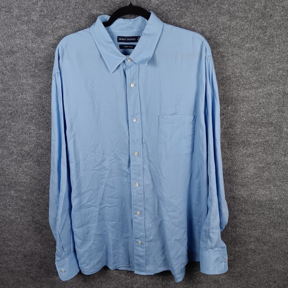 Grant Thomas Mens Blue Pure Linen Button Up Shirt XXL Long Sleeve Beach Resort